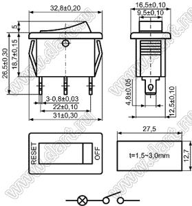 KCD2-B-101NB1CRB переключатель клавишный ON-OFF; 32,8х16,5мм; 15A/30A 250VAC; толкатель красный/корпус черный; с подсветкой;  маркировка "OFF RESET"; терминалы 4,8x0,8мм