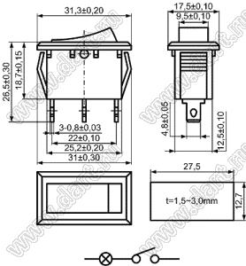 KCD2-B1-101N81CRG переключатель клавишный ON-OFF; 31,3х17,5мм; 15A/30A 250VAC; толкатель красный/корпус серый; с подсветкой;  маркировка - нет; терминалы 4,8x0,8мм