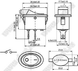 KCD1-115-101O11GG переключатель клавишный ON-OFF; 25,6x17,5мм; 10A 250VAC; толкатель серый/корпус серый; без подсветки;  маркировка "O I"; терминалы 4,8x0,6мм