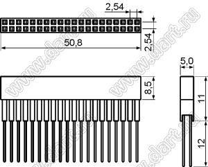 2214113-40T-1C розетка двухрядная приподнятая, шаг 2,54 мм, 2х20 контактов; шаг 2.54мм; P=2,54x2,54мм; C=12,20мм; D=11,50мм