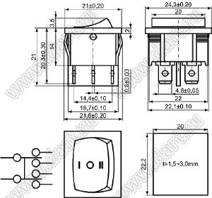 KCD5-A-203O51BB переключатель клавишный ON-OFF-ON; 21,0х24,3мм; 6A/12A 250VAC; толкатель черный/корпус черный; без подсветки;  маркировка "I O II"; терминалы 4,8x0,8мм