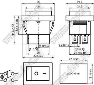 KCD4-201N11CRBB (XW604RA1BRA6C) переключатель клавишный ON-OFF с влагозащ. накл.; 31,0х25,5мм; 15A/30A 250VAC; толкатель крас./корпус черн.; с подсветкой;  маркир. "O I"; терминалы 6,3x0,8мм