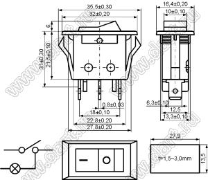 KCD3-B2C-101N31CRB переключатель клавишный ON-OFF; 32,0х16,4мм; 15A/30A 250VAC; толкатель красный/корпус черный; с подсветкой;  маркировка - точка; терминалы 6,3x0,8мм