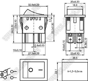 KCD4-C1-201N11CEB переключатель клавишный ON-OFF; 32,8х25,0мм; 15A/30A 250VAC; толкатель зеленый/корпус черный; с подсветкой;  маркировка "O I"; терминалы 6,3x0,8мм