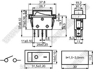 KCD3-C4-101O11BBB переключатель клавишный ON-OFF; 31,5х14,0мм; 15A/30A 250VAC; толкатель черный/корпус черный; без подсветки;  маркировка "O I"; терминалы 6,3x0,8мм