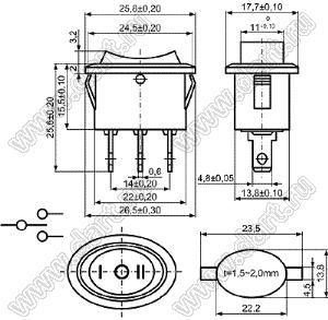 KCD1-115-103O51BB переключатель клавишный ON-OFF-ON; 25,6х17,5мм; 10A 250VAC; толкатель черный/корпус черный; без подсветки;  маркировка "I O II"; терминалы 4,8x0,6мм