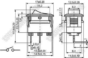 KCD11-B-101O84BB переключатель клавишный ON-OFF; 17,0х12,5мм; 3A 250VAC/6A 125VAC; толкатель черный/корпус черный; без подсветки;  маркировка - нет; терминалы PC угловые