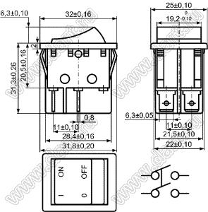 KCD4-16-101O811BB переключатель клавишный ON-OFF; 32,0х25,0мм; 16A 250VAC/20A 125VAC; толкатель черный/корпус черный; без подсветки;  без маркировки ; терминалы 6,3x0,8мм