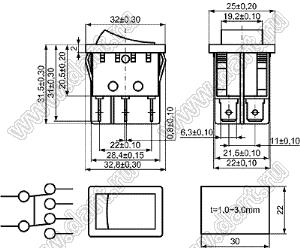 KCD4-JK-202O81CRBNA переключатель клавишный ON-ON; 32,0х25,0мм; 15A/30A 250VAC; толкатель красный/корпус черный; без подсветки;  маркировка - нет; терминалы 6,3x0,8мм