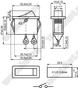 KCD3-C3-101O81CRG переключатель клавишный ON-OFF; 30,5х14,0мм; 15A/30A 250VAC; толкатель красный/корпус серый; без подсветки;  маркировка - нет; терминалы на провод