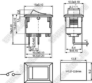 KCD11-A-101O84BB переключатель клавишный ON-OFF; 15,0х10,5мм; 3A 250VAC/6A 125VAC; толкатель черный/корпус черный; без подсветки;  маркировка - нет; терминалы PC угловые