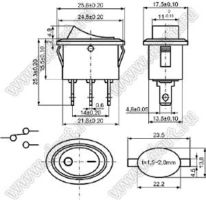 KCD1-115-102O11BB переключатель клавишный ON-ON; 25,6x17,5мм; 10A 250VAC; толкатель черный/корпус черный; без подсветки;  маркировка "O I"; терминалы 4,8x0,6мм