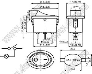 KCD1-115A-101N12RB переключатель клавишный ON-OFF; 25,6x17,5мм; 10A 250VAC; толкатель красный/корпус черный; с подсветкой;  маркировка "O I"; терминалы 4,8x0,6мм