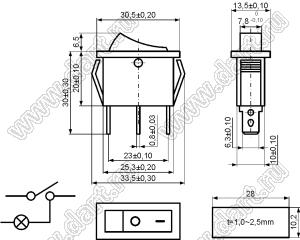 KCD3-1-101O11CBB (XW-604BB1 BBA6C) переключатель клавишный ON-OFF; 30,5х13,5мм; 15A/30A 250VAC; толкатель черный/корпус черный; без подсветки;  маркировка "O I"; терминалы 6,3x0,8мм