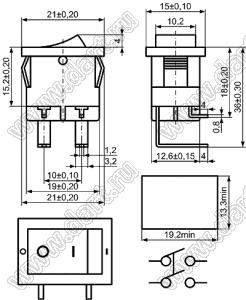 KCD1-104-2YH-201O92BB переключатель клавишный ON-OFF; 21,0x15,0мм; 6A 250VAC/10A 125VAC; толкатель черный/корпус черный; без подсветки;  маркировка "O I"; терминалы PC угловые