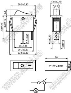 KCD3-1-101N11CRB переключатель клавишный ON-OFF; 30,5х13,5мм; 15A/30A 250VAC; толкатель красный/корпус черный; с подсветкой;  маркировка "O I"; терминалы 6,3x0,8мм