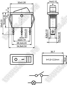 XW-604BA1 BRA6A переключатель клавишный ON-OFF; 30,9х13,6мм; 15A/30A 250VAC; толкатель красный/корпус черный; с подсветкой;  маркировка "O I"; терминалы 4,8x0,8мм