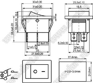 KCD4-206N11CRBA (XW-604AA4BRA6C) переключатель клавишный (ON)-ON; 31,0х25,5мм; 15A/30A 250VAC; толкатель красный/корпус черный; с подсветкой;  маркировка "O I"; терминалы 6,3x0,8мм