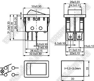 KCD4-JK-201N81ARBSA переключатель клавишный ON-OFF; 32,0х25,0мм; 15A/30A 250VAC; толкатель красный/корпус черный; с подсветкой;  маркировка - нет; терминалы 6,3x0,8мм