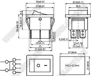 KCD4-202O11CRBA (XW-604RA2BR56G) переключатель клавишный ON-ON; 33,0х25,5мм; 15A/30A 250VAC; толкатель красный/корпус черный; без подсветки;  маркировка "O I"; терминалы 6,3x0,8мм