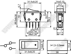 KCD3-C4-102O31WWA переключатель клавишный ON-ON; 31,5х14,0мм; 15A/30A 250VAC; толкатель белый/корпус белый; без подсветки;  маркировка - точка; терминалы 6,3x0,8мм