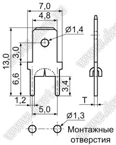PCR187(0.8) терминал ножевой 4,8 мм (0,187”) прямой для пайки в печатную плату; латунь луженая; T=0,8мм