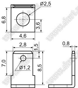 PC3L110028 терминал ножевой 2,8мм (0,110”) угловой 90град. для печатной платы под винтовое крепление М2,5; латунь луженая; 0,8мм