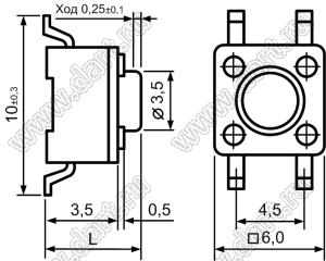 TD-03XG-X (DTSM-61, IT-1102W, TS-025) кнопка тактовая для поверхностного (SMD) монтажа; 6,0x6,0x4,3мм