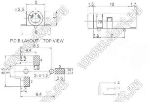 PJ-208 гнездо SMD моно 2,5 мм