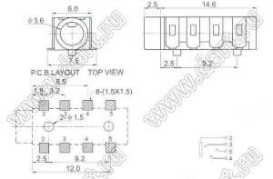 PJ-313E-SM гнездо стерео 3,5 мм SMD черное