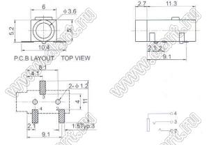 PJ-320B гнездо моно 3,5 мм SMD