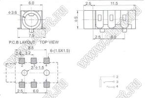 PJ-313DW гнездо стерео 3,5 мм SMD белое