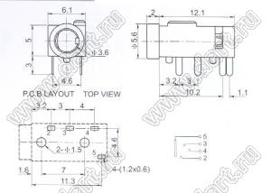 PJ-320A гнездо стерео 3,5 мм на плату