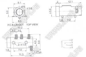 PJ-320D гнездо стерео 3,5 мм SMD