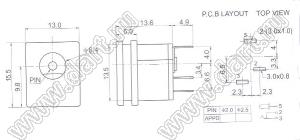 DC-015-2.5 гнездо питания угловое в плату D=6,4мм; d=2,5мм