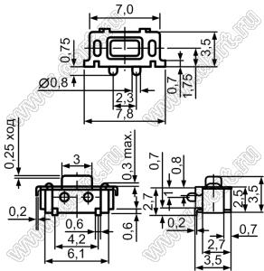 TD-15EA-Z (TST3635-250H, TS-017, KFC-A36-03) кнопка тактовая SMD угловая; 3,5x7,0x3,5мм; с направляющими в плату