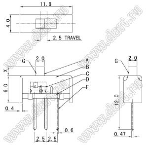 SS-12E01-G5 переключатель движковый прямой 1P2T; I=0,3А; U=50В