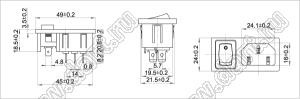 SP-861C1B10 вилка IEC60320(C14) сетевого питания с выключатетелем и защелками на панель толщиной 1,3мм