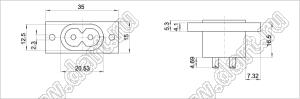 SP-865E2 (R-201A(03), AC-05) вилка IEC60320(C8) угловая сетевого питания на панель и для пайки в плату