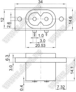 SP-865E4 (AC-005B) вилка IEC60320(C8) угловая сетевого питания на винтах на панель и для пайки в плату