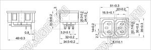 SP-861E1-1.5 блок розетка IEC60320(C13)/розетка IEC60320(C13) сетевого питания с защелками на панель; t=1,5мм