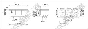 SP-861F1-1.5 блок три розетки IEC60320(C13) сетевого питания с защелками на панель; t=1,5мм