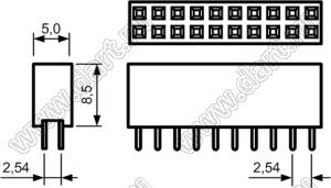 2214S-20G-85 (PBD-20) розетка двухрядная прямая (гнездо) на плату для монтажа в отверстия, высота изолятора 8,5 мм; шаг 2,54 x 2,54 мм; 2х10 конт.