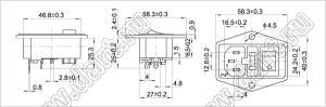 SP-862B2+KCD1-104-2CH-201O11BB (MIRS-201A-2C3-B) блок вилка IEC60320(C14) сетевого питания с выключателем KCD1-104-3-201O11BB и держателем предохранителя на винтах на панель