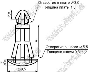 RCH-10 фиксатор платы с двумя защелками с двумя защелками; A=10,0мм; D=3,5мм; S=1,6мм; d отв.=5,5мм; t=0,8...1,2мм; нейлон-66; натуральный