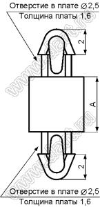 MADA-16 фиксатор платы с двумя защелками; A=16,0мм; dп=2.5мм; s=1.6мм; d отв.=2.5мм; t=1.6мм; нейлон-66 (UL); натуральный