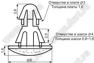 RCA-2.5U фиксатор платы с двумя защелками; D=3,0мм; S=1,6мм; 4,0; t=0,8...1,6мм; нейлон-66; натуральный