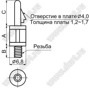 SCB-15 фиксатор платы с защелкой в плату; A=15,9мм; B=7,8мм; C=10,0мм; резьба=6-32 UNC; нейлон-66 (UL); натуральный