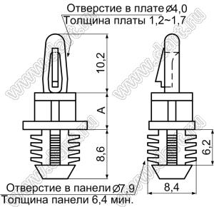 WBH-9 фиксатор платы с двумя защелками; A=9,5мм; dп=4,0мм; s=1,2...1,7мм; d отв.=7,9мм; t=6,4мм; нейлон-66 (UL); натуральный