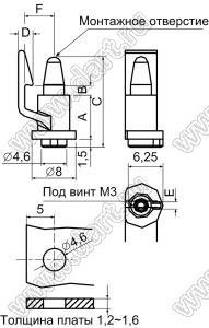 ULCC-10 фиксатор платы с защелкой в плату; A=10,0мм; B=2,24мм; C=19,0мм; D=2,85мм; E=1,4мм; F=5,25мм; dп=4,0мм; s=1,2...1,6мм; нейлон-66; натуральный